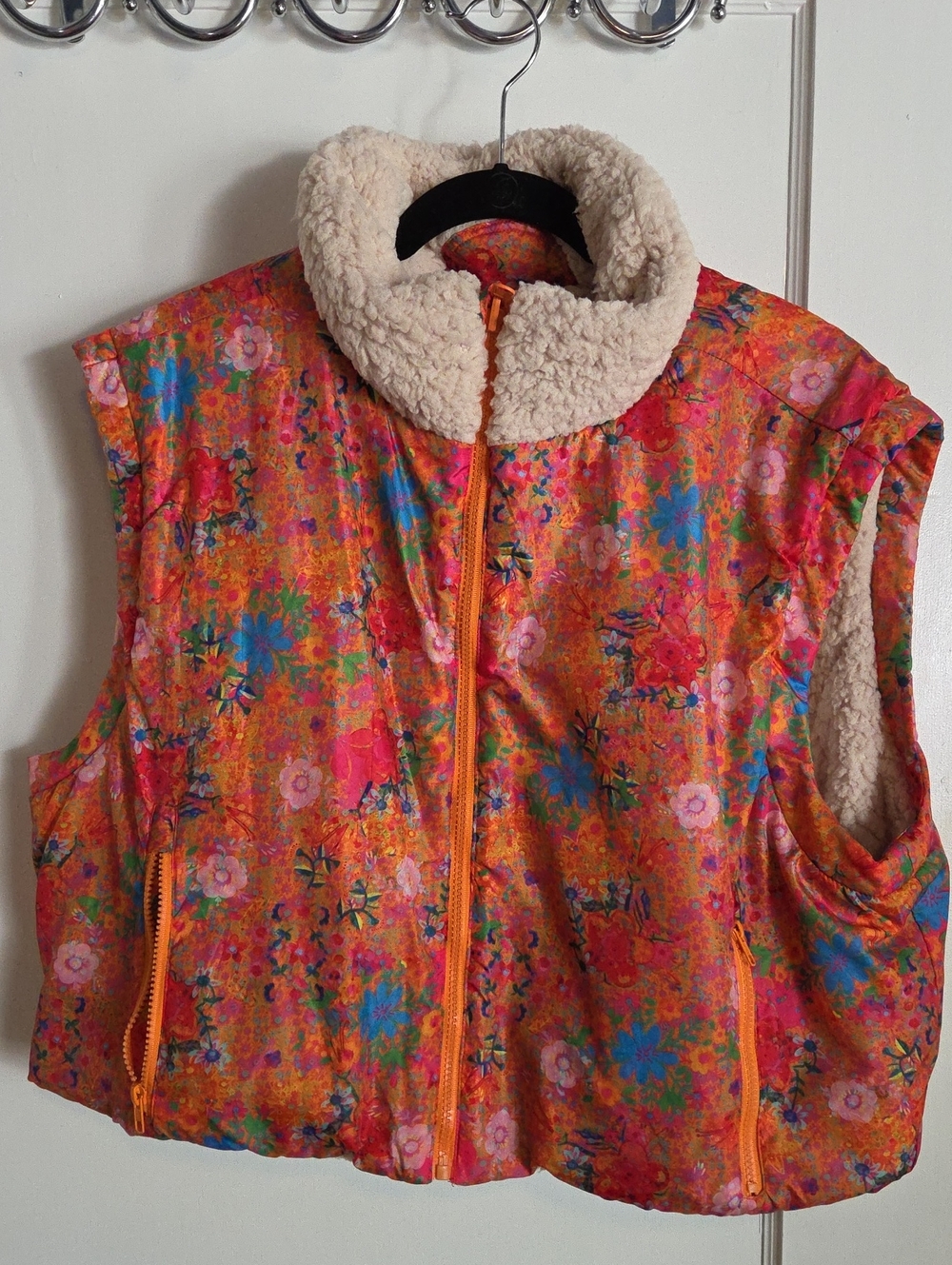 Natural Life Floral Sherpa Collar Puffer Vest - Orange Multi